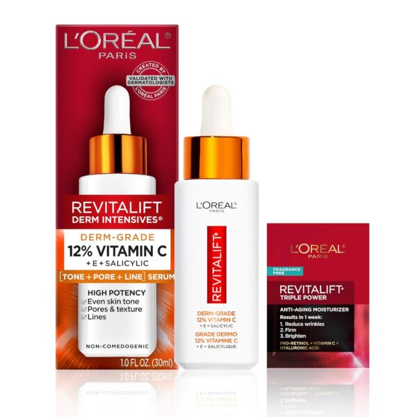 L'Oreal Paris Revitalift 12% Pure Vitamin C Serum, Brightening Serum For Face with Vitamin E, Salicylic Acid, 1 oz + Moisturizer Sample - Image 3